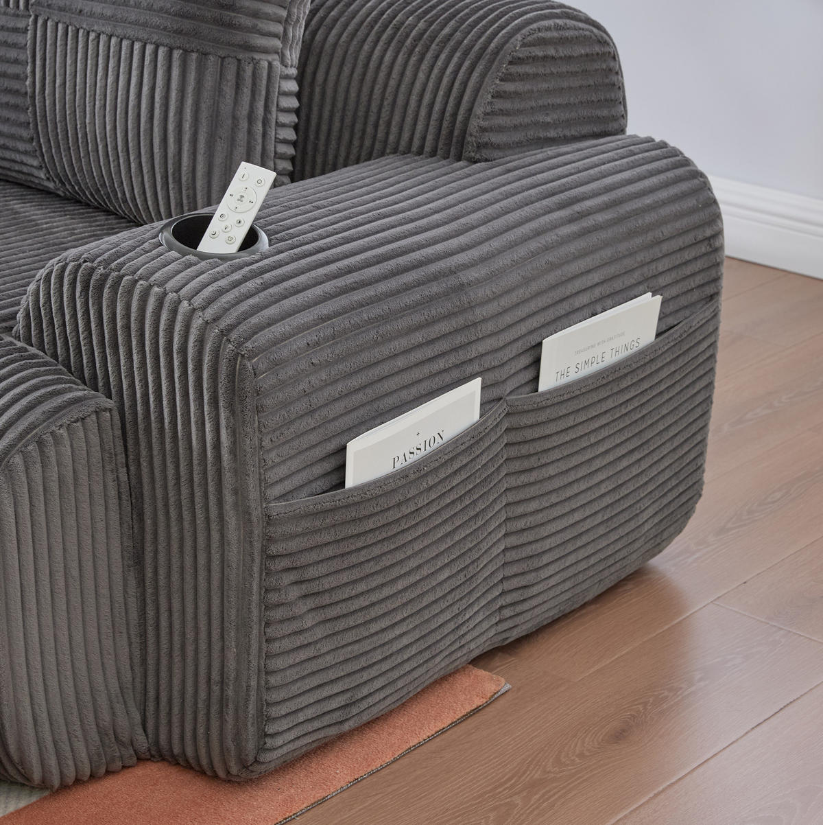 SOFA 2-Sitzer mit Cupholder 200 x 99 cm Cord Dunkelgrau - Dunkelgrau, Kunststoff (99/80/200cm) - Meubliv