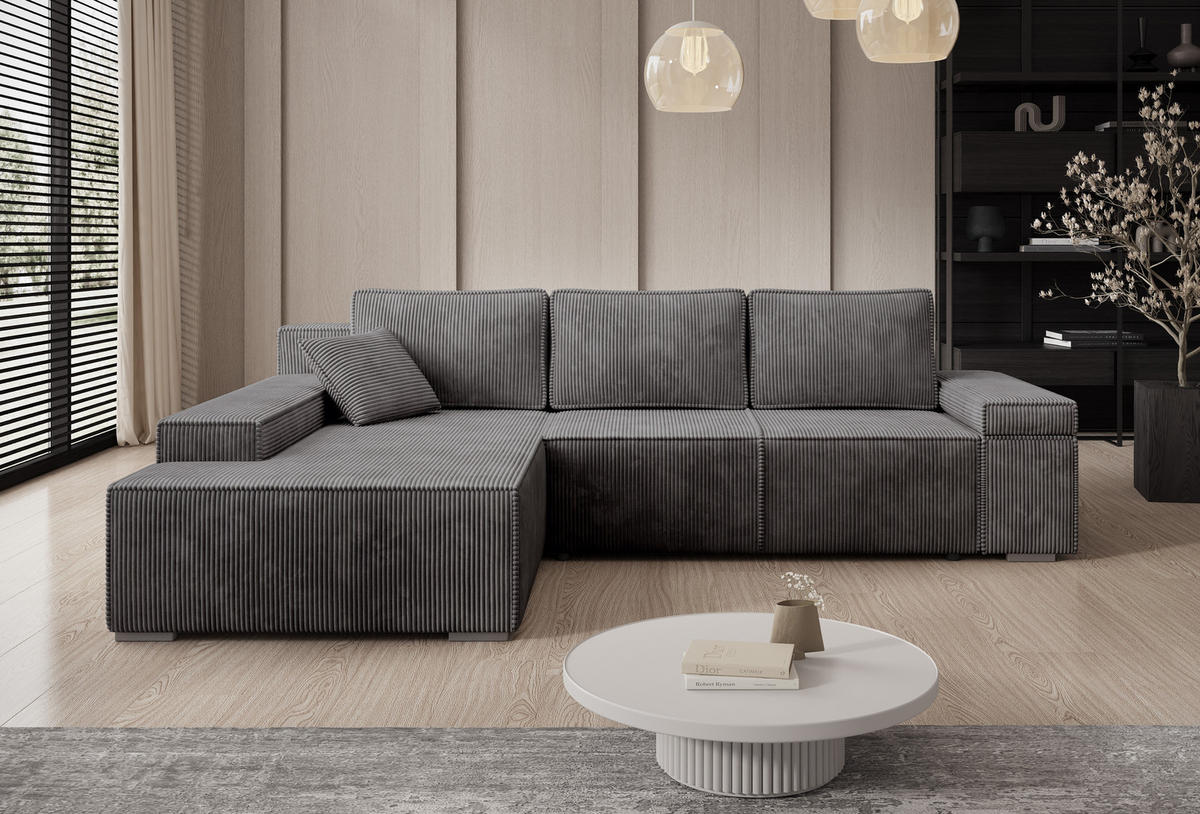 ECKSOFA Milo mit Schlaffunktion und Bettkasten, Couch L-Form, Cord-Stoff, 273x85x185 cm, Dunkelgrau - Dunkelgrau, Holz (185/273cm) - PROMETO Möbel
