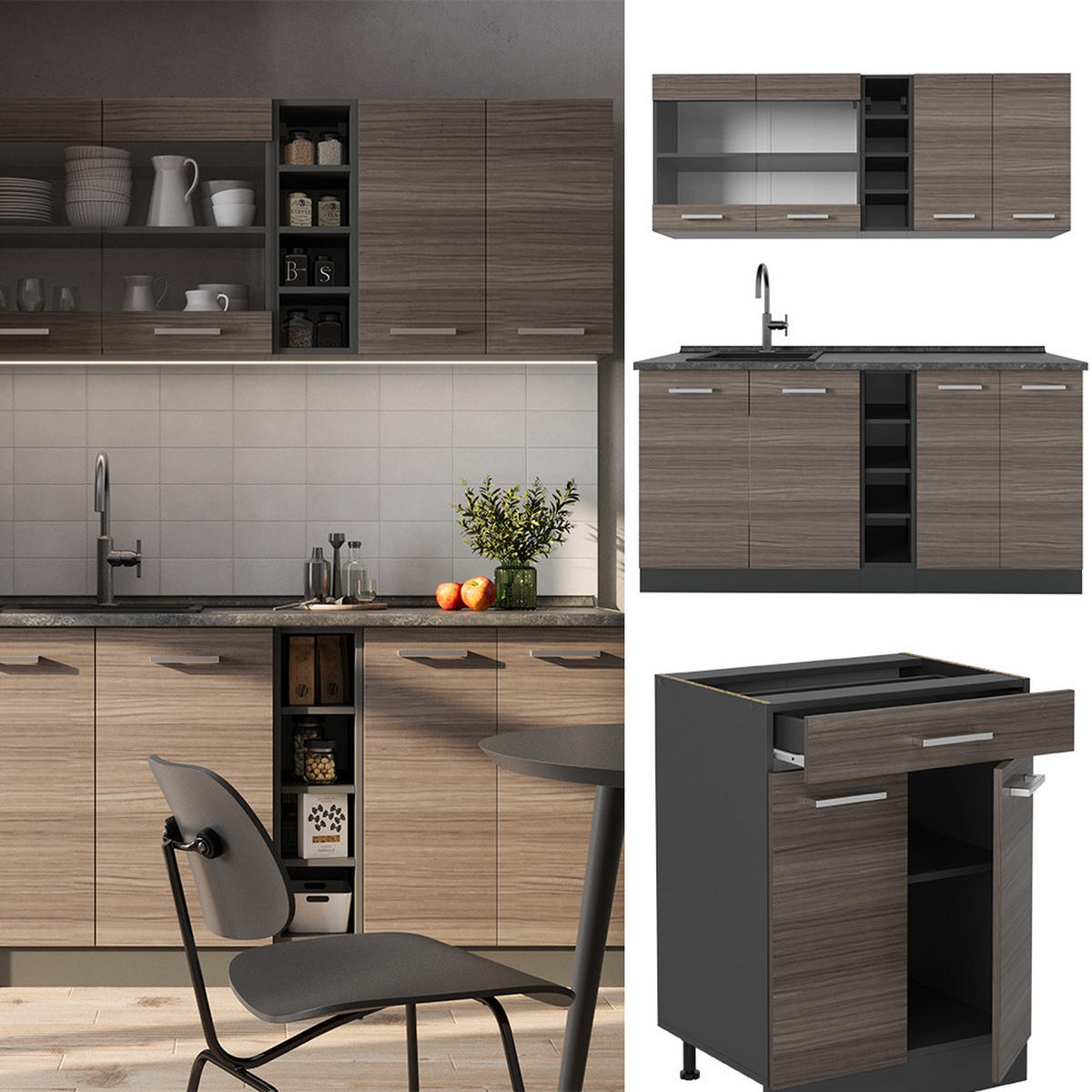 SINGLEKÜCHE R-Line Edelgrau/Anthrazit 160 cm ohne Arbeitsplatte - Anthrazit/Braun, Holzwerkstoff (160/81.6/46cm) - Vicco