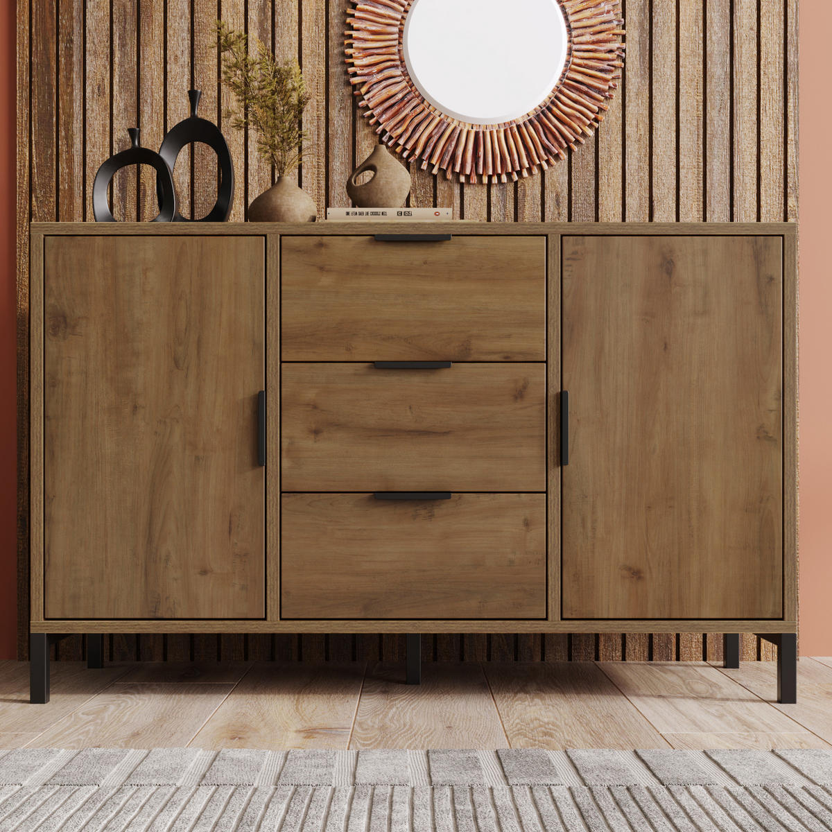 KOMMODE 120/40/76 cm in Dunkle Eiche mit 2 Türen, 3 Schubladen und Metallgestell - Nussbaumfarben, Holzwerkstoff (120/76/40cm) - Flora Grace