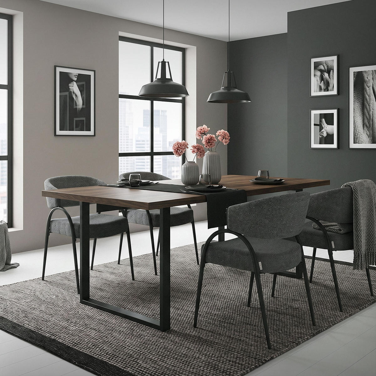 ESSZIMMERSTUHL 2er Set Küchenstühle gepolstert mit Webstoff-Bezug und Arm- und Rückenlehne Anthrazit - Anthrazit/Schwarz, Textil/Metall (54/81/65cm) - ML-DESIGN