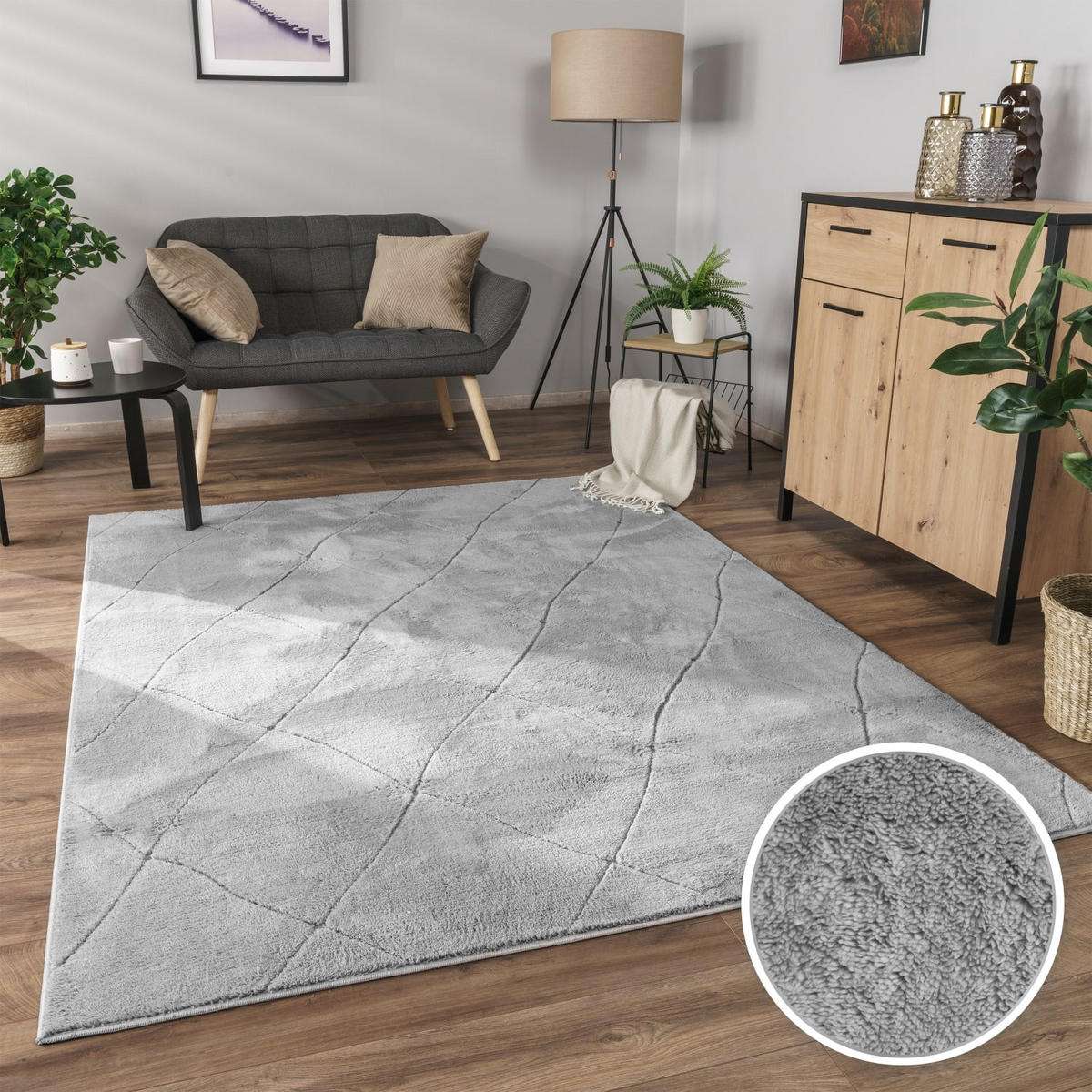 KURZFLORTEPPICH Waschbar, mit Rauten-Struktur, Grau, 120 x 160 cm - Grau, Textil (120/160cm) - KADIMA DESIGN