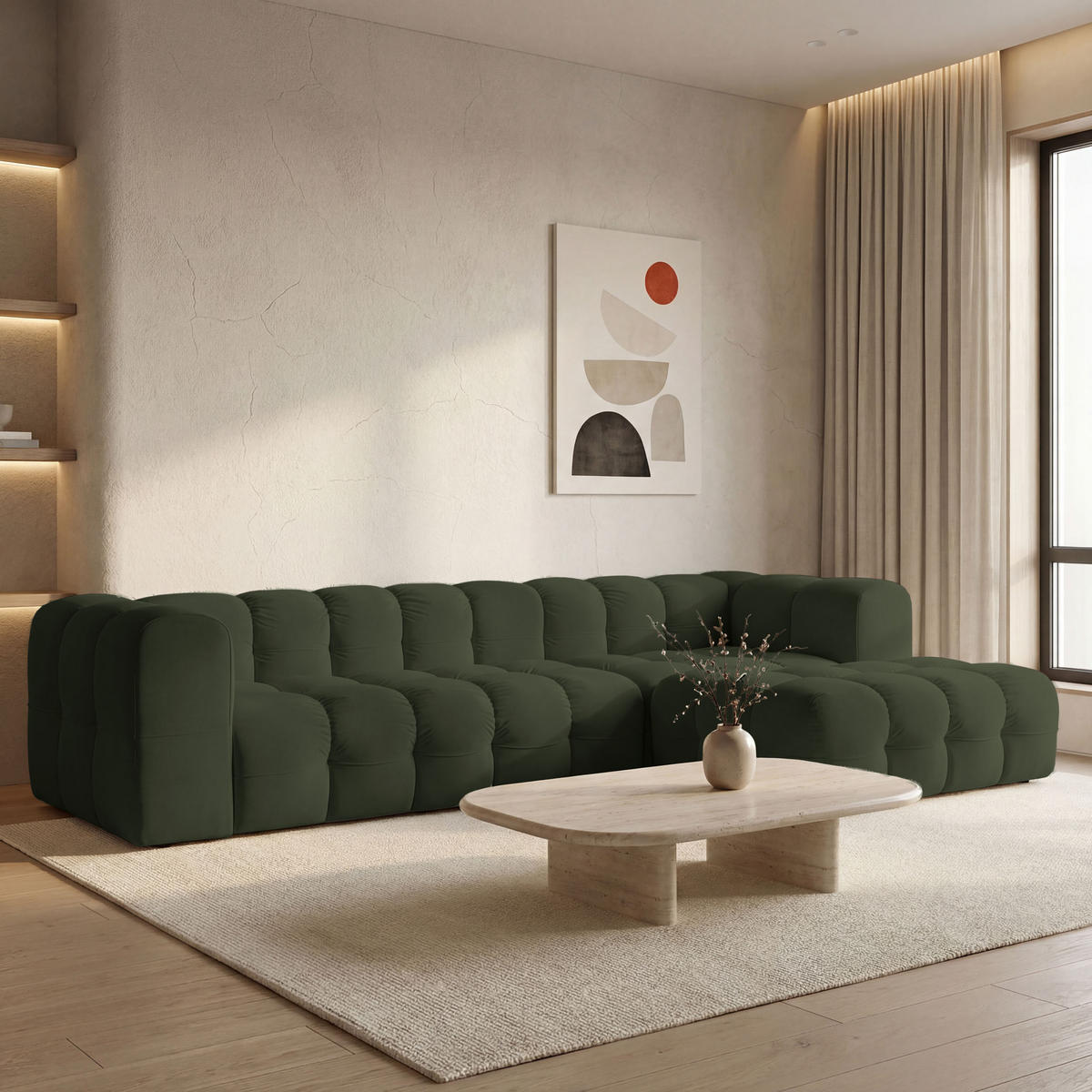 ECKSOFA Mochi L-Form 5-Sitzer Rechts, Samt, Dunkelgrün 290/75/193 cm - Dunkelgrün/Schwarz, Kunststoff/Textil (290/193cm) - WFL GROUP