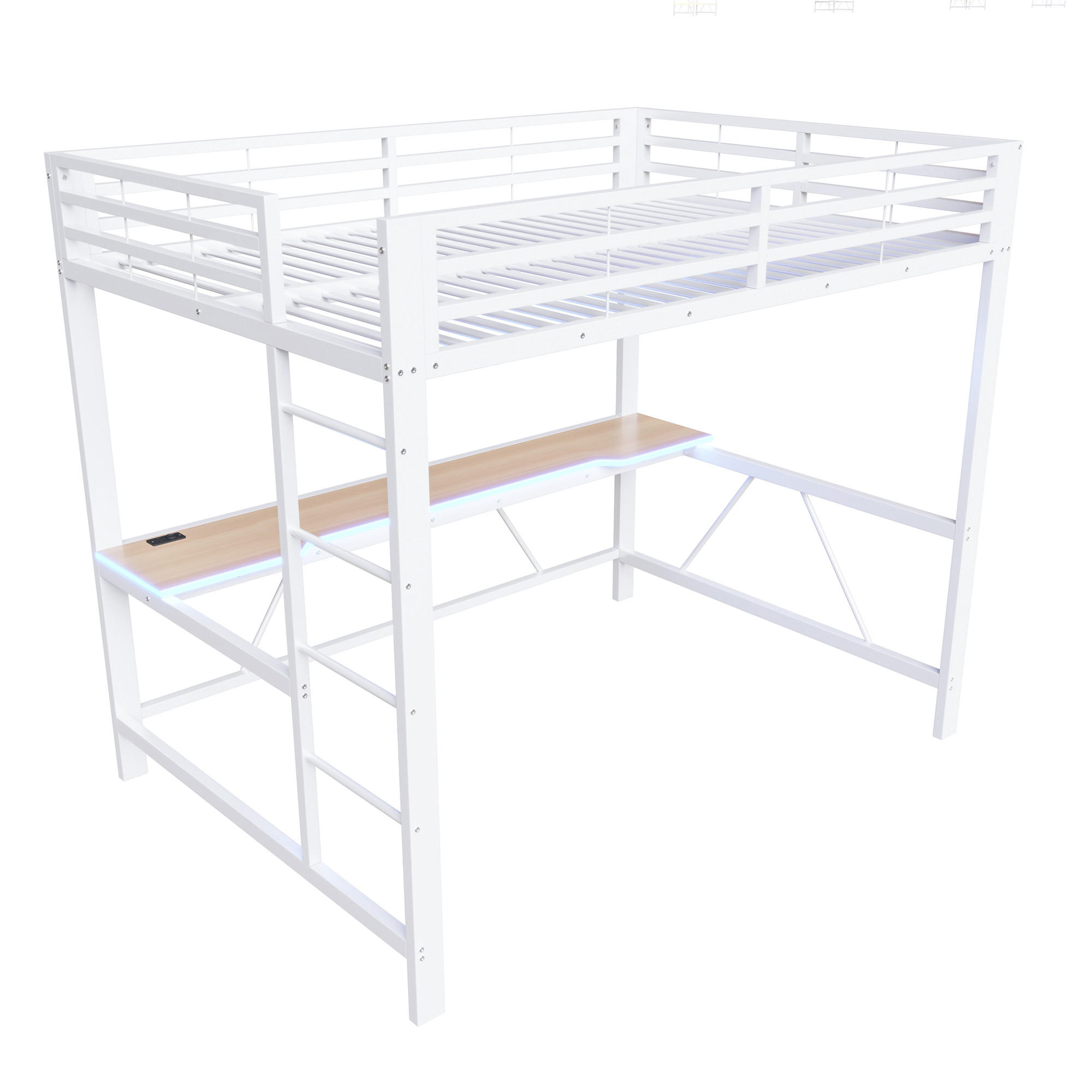 HOCHBETT 140/200 cm DE-03444, mit LED-Beleuchtung, USB-Ladestation und Schreibtisch, in Weiß - Weiß, Holzwerkstoff/Metall (140/200cm) - ComfortXL