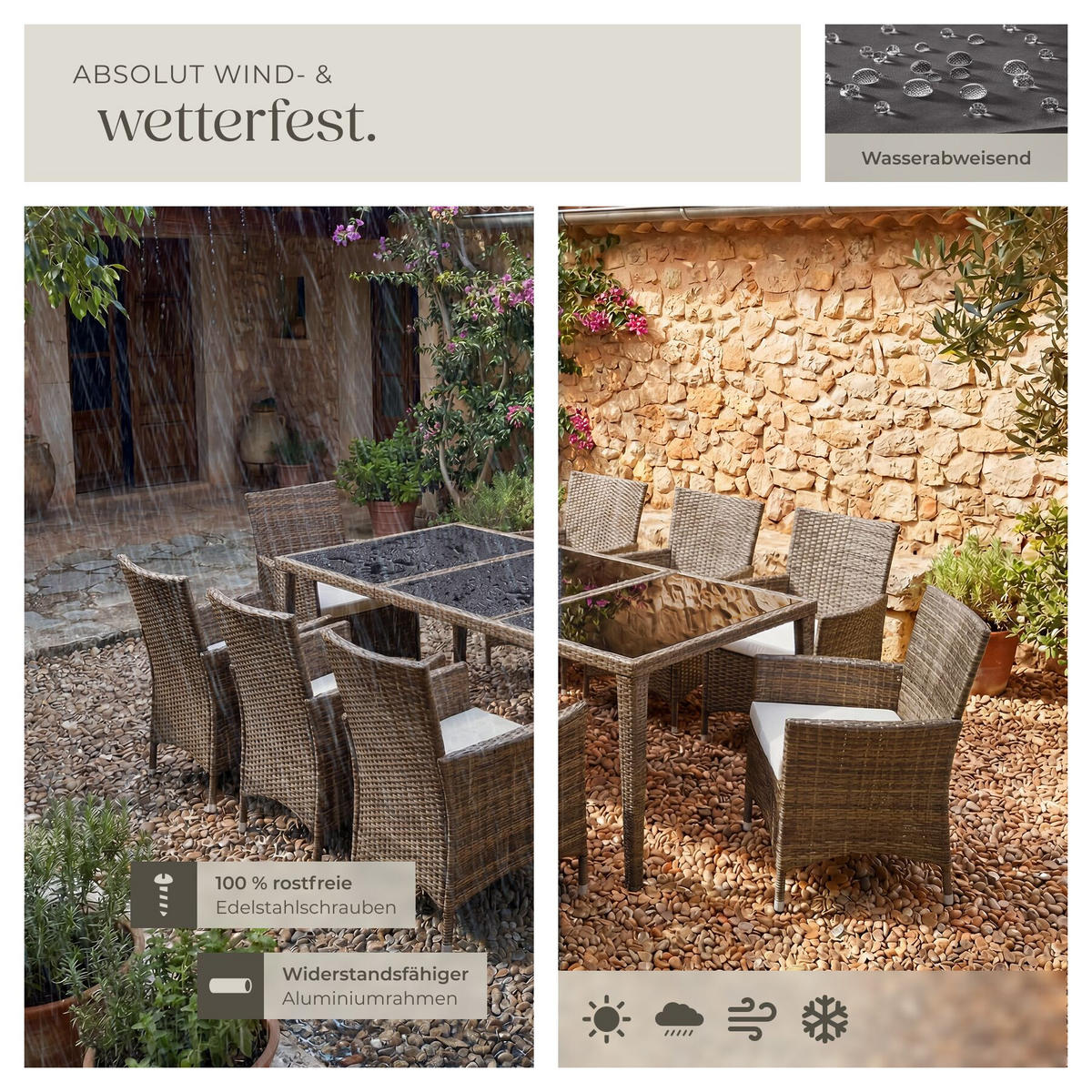 RATTAN-SITZGRUPPE aus Aluminium Menorca, inklusive Schutzhülle, natur - Naturfarben, Kunststoff - tectake