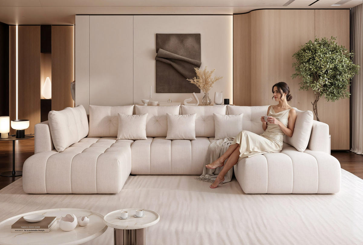 WOHNLANDSCHAFT STONE mit Schlaffunktion und Bettkasten, Stoff Beige - Beige, Kunststoff/Textil (350/91/190cm) - Idohome