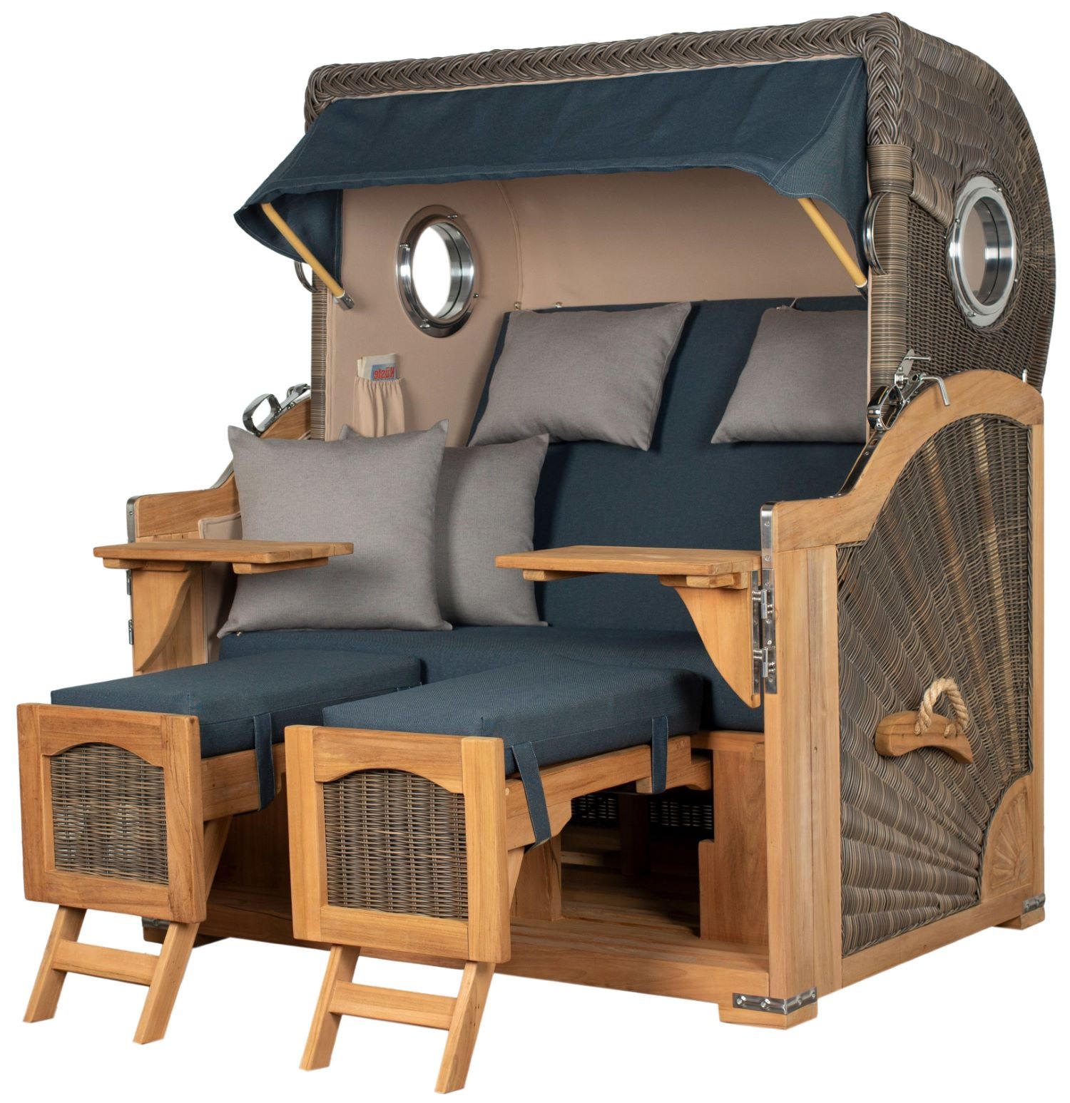 STRANDKORB Komplettset: Ammersee Grande XL Teak Bullauge - PE grau - Modell 593 - Grau, Holz/Kunststoff (142/165/95cm) - bene living