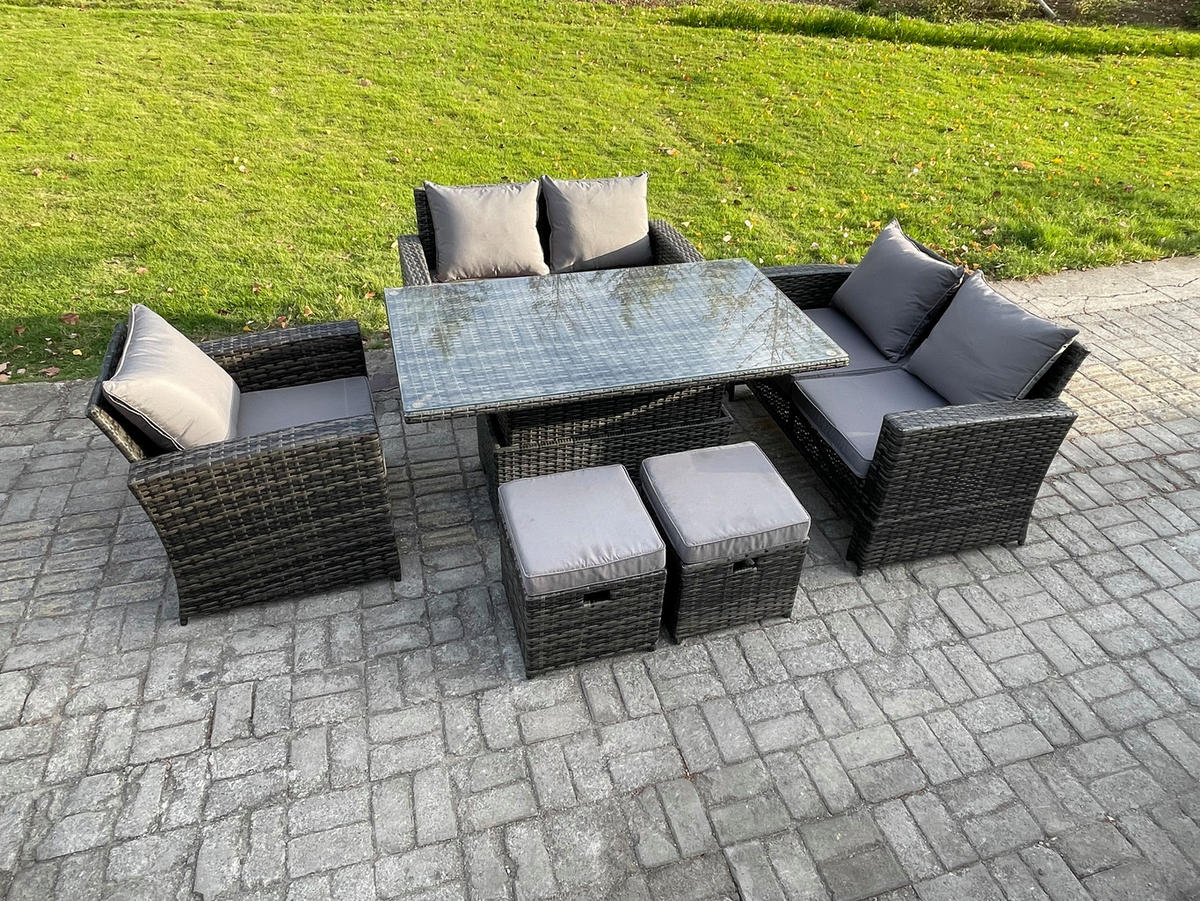 GARTENSET Polyrattan Dunkelgrau 7-Sitzer - Dunkelgrau, Metall - Fimous