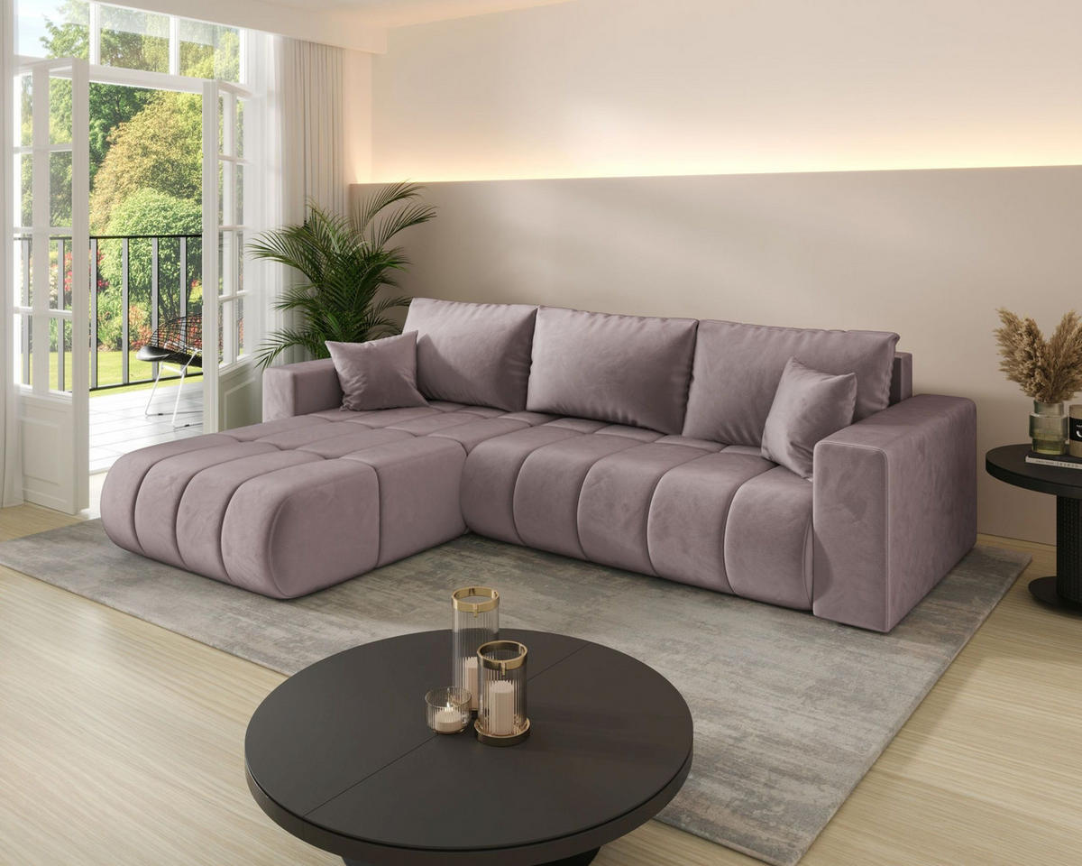 ECKSOFA LARA PREMIUM links dunkelrosa Velours Monolith 62 - Schlaffunktion, Bettkasten - Pink, Textil (280/175cm) - Cornero