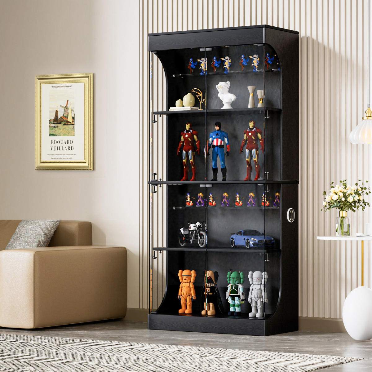 VITRINENSCHRANK Schwarz 80/35/165 cm mit LED Beleuchtung und Ladestation - Schwarz, Glas (80/165/35cm) - PARAFTA HOME