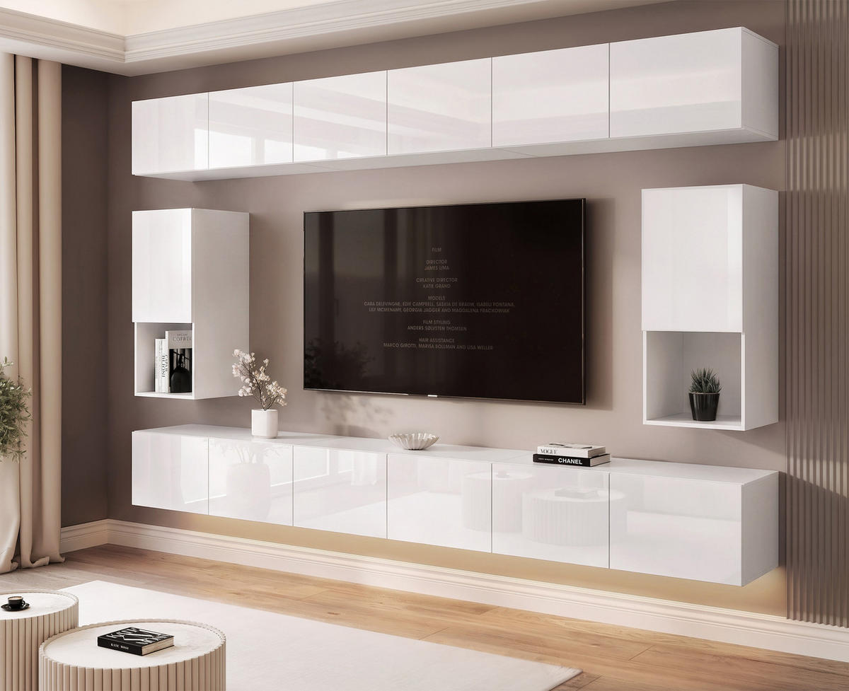 WOHNWAND ANGEL LINE IV 4-teilig, mit LED-Beleuchtung, Weiß Hochglanz - Weiß Hochglanz, Holzwerkstoff (300/162/40cm) - Idohome