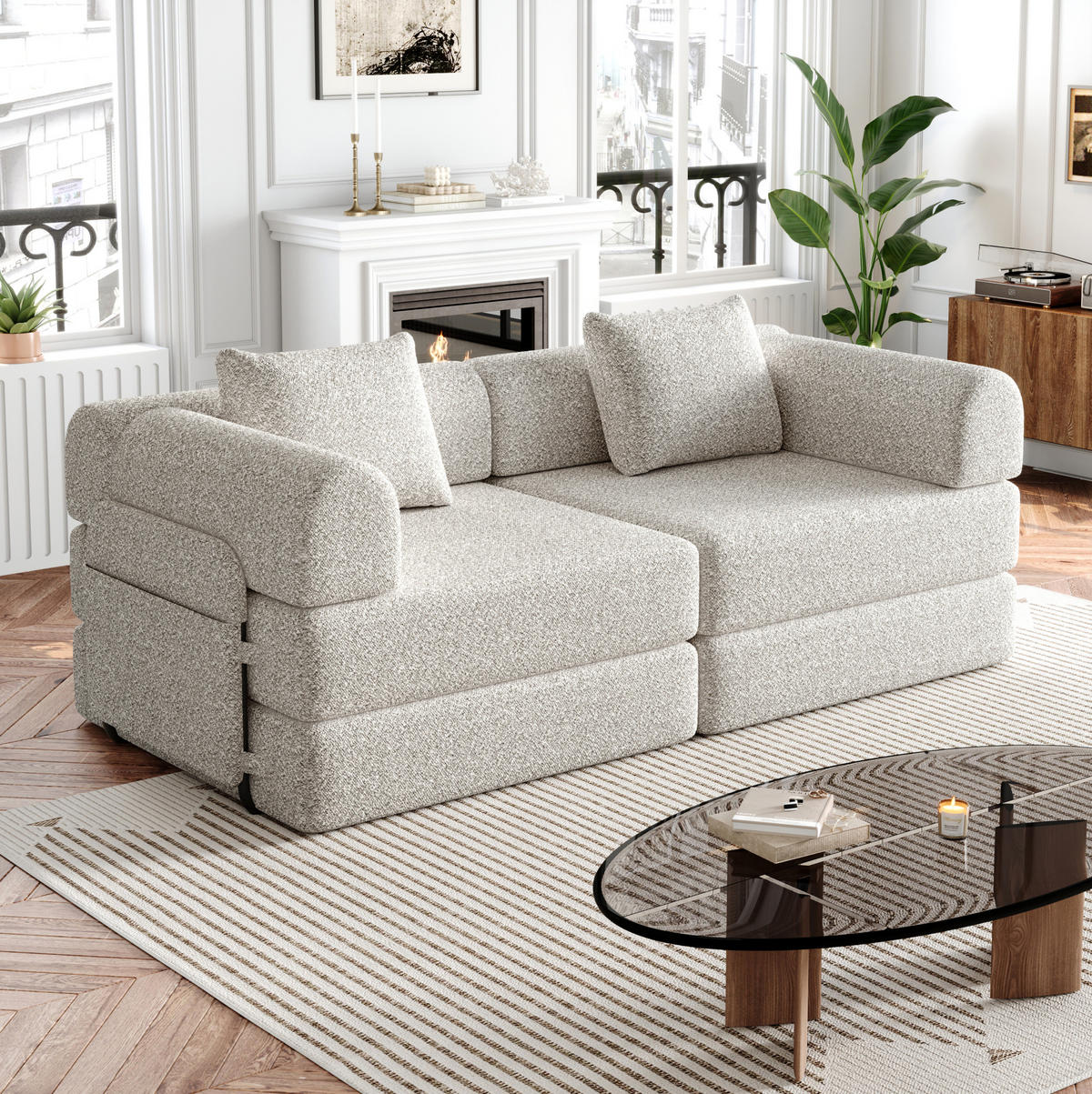 SCHLAFSOFA aus Chenille Khaki 2-in-1 mit Armlehnen-Ablagefach und flexibler Modulnutzung - Naturfarben, Textil (94/49.5/181.6cm) - Modfu
