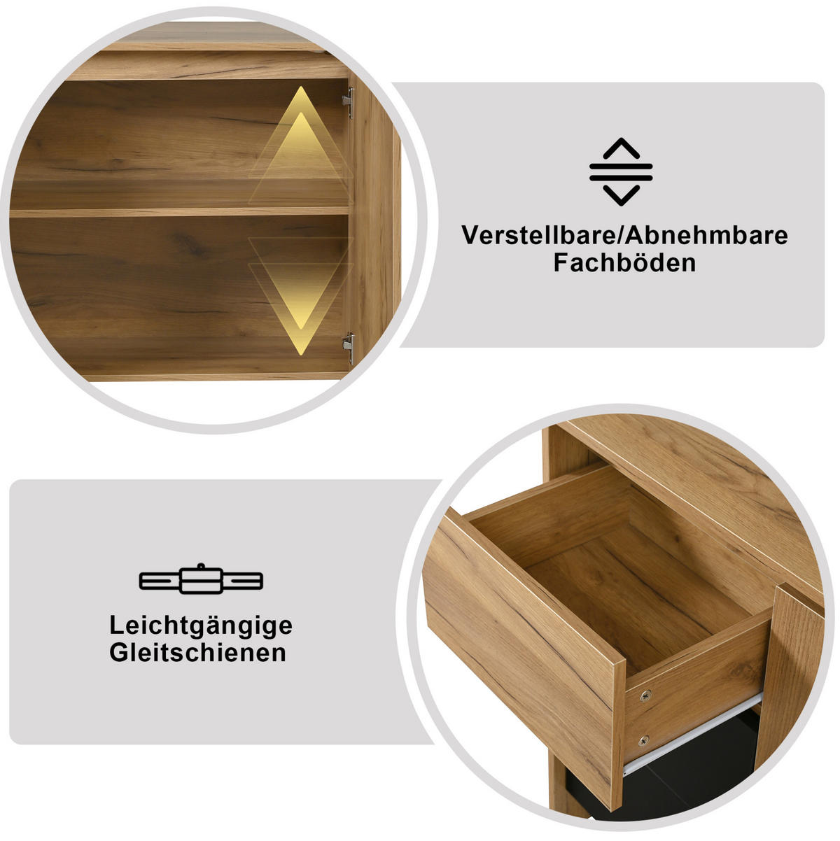 SIDEBOARD 120/40/76 cm mit LED-Beleuchtung, 3 Schubladen, 2 Türen und verstellbarem Einlegeboden aus Spanplatte, Natur/Schwarz - Schwarz, Holzwerkstoff (120/76/40cm) - Redom