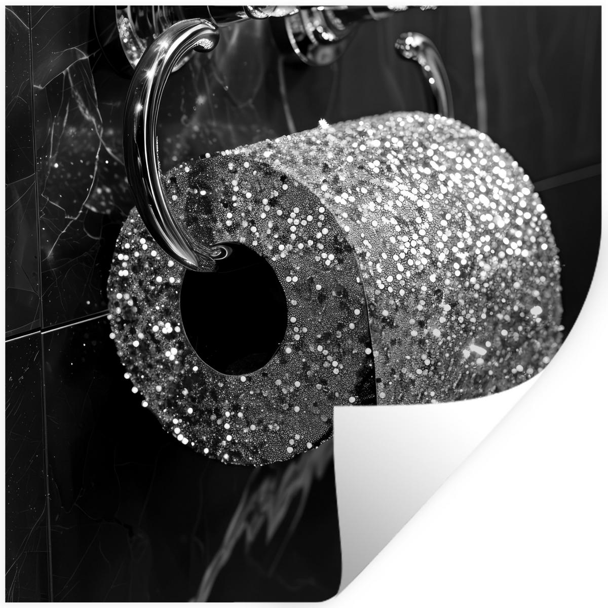 WANDTATTOO WC - Toilettenpapier - Schwarz und weiß - Glitter 50x50 cm - Silberfarben, Kunststoff (50/50/0.1cm) - MuchoWow