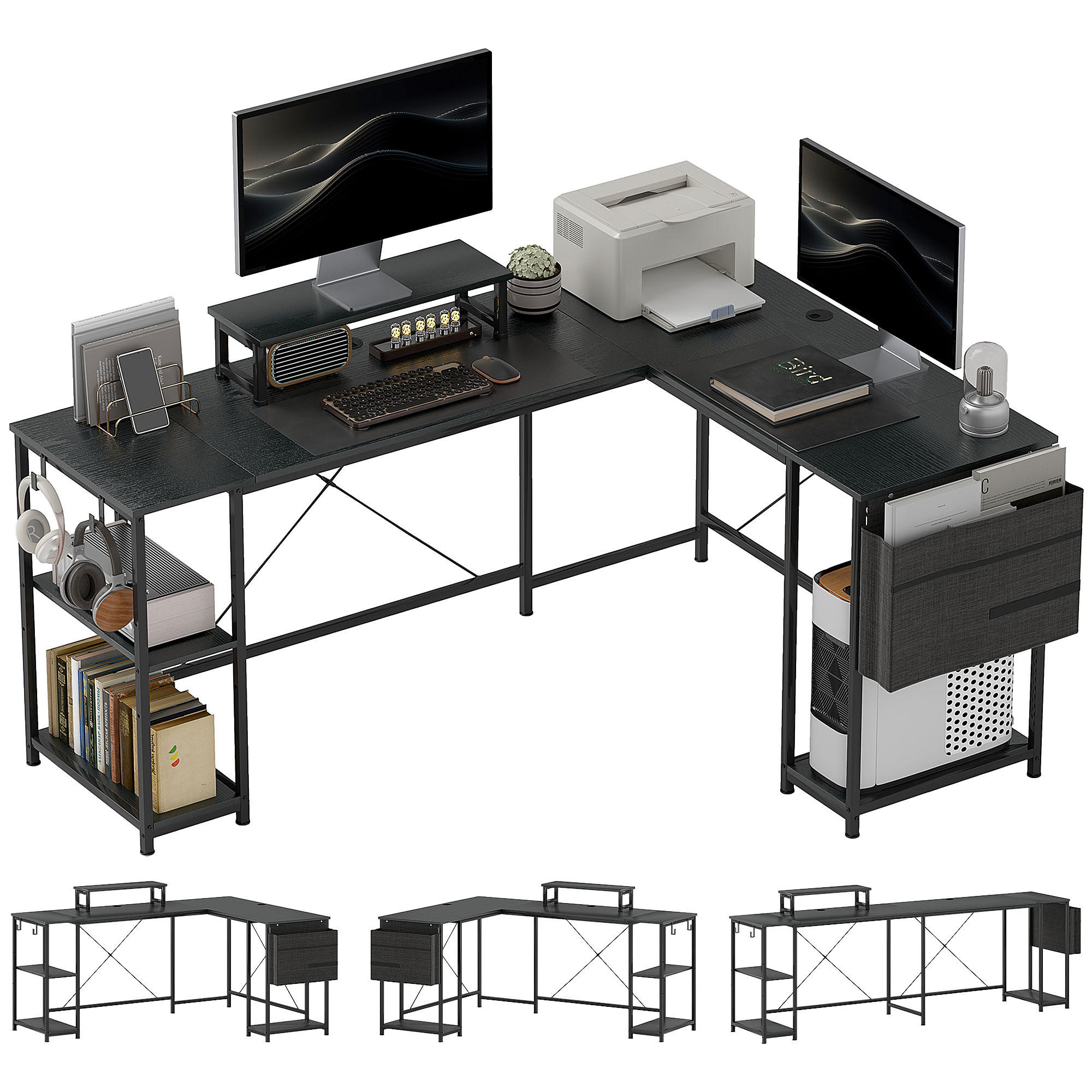ECKSCHREIBTISCH im Industriedesign flexibel aufbaubar mit Ablagen und Monitoraufsatz 168/120/90 cm - Schwarz, Holzwerkstoff (120/168/90cm) - PANGIVO