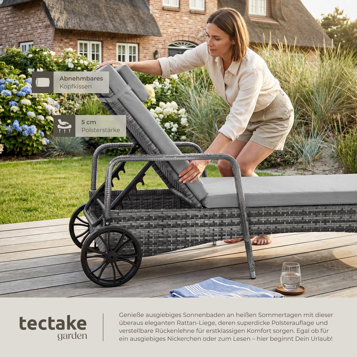 RATTAN-SONNENLIEGE, 200 x 70 x 33 cm, grau/hellgrau - Grau, Kunststoff (70/33/200cm) - tectake