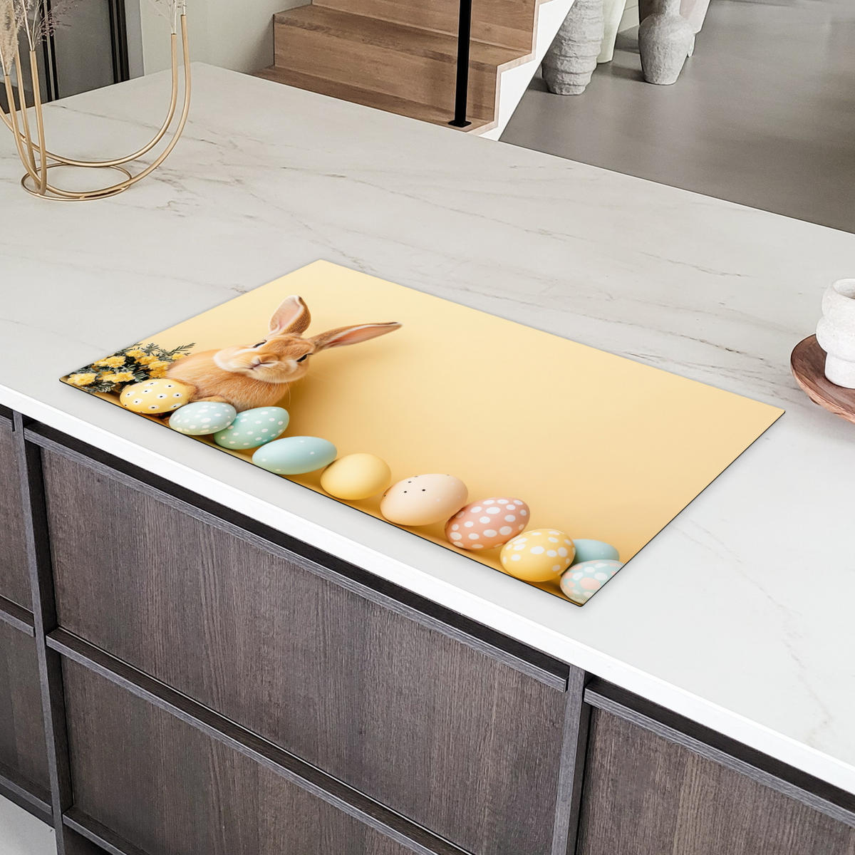 HERDABDECKPLATTE Eier - Kaninchen - Pastellfarbtöne Induktionsschutz 91.2x52 cm - Hellgelb, Kunststoff (91.2/52/0.2cm) - MuchoWow
