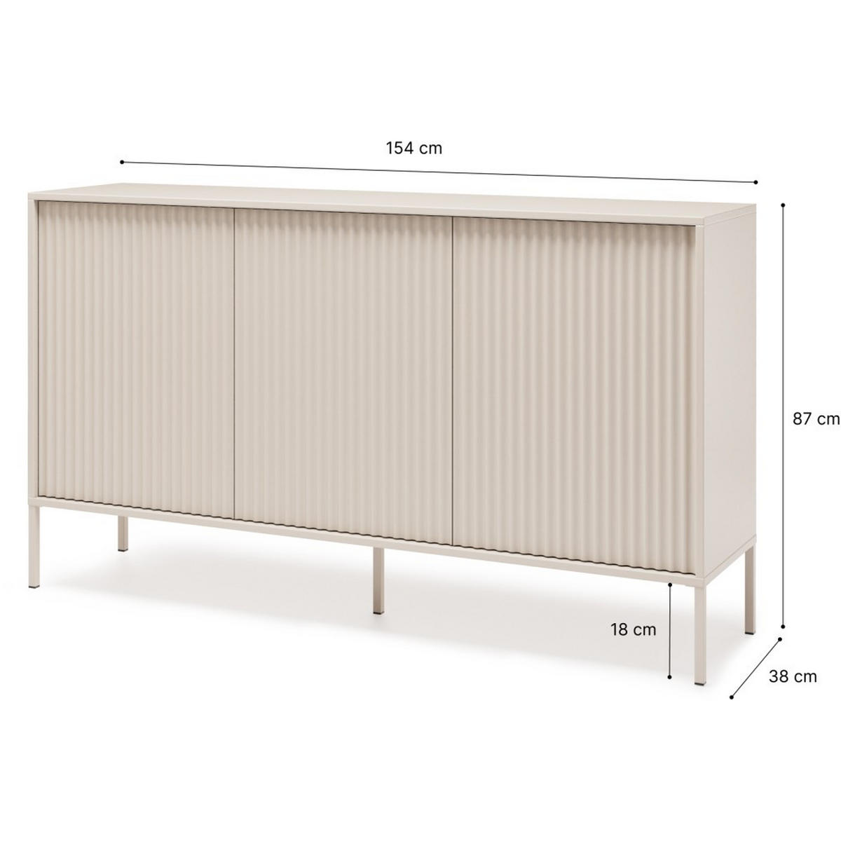 KOMMODE Noto mit 3 Türen und geriffelten Fronten, 154 cm - Kaschmir, Holzwerkstoff (154/38/87cm) - Beautysofa