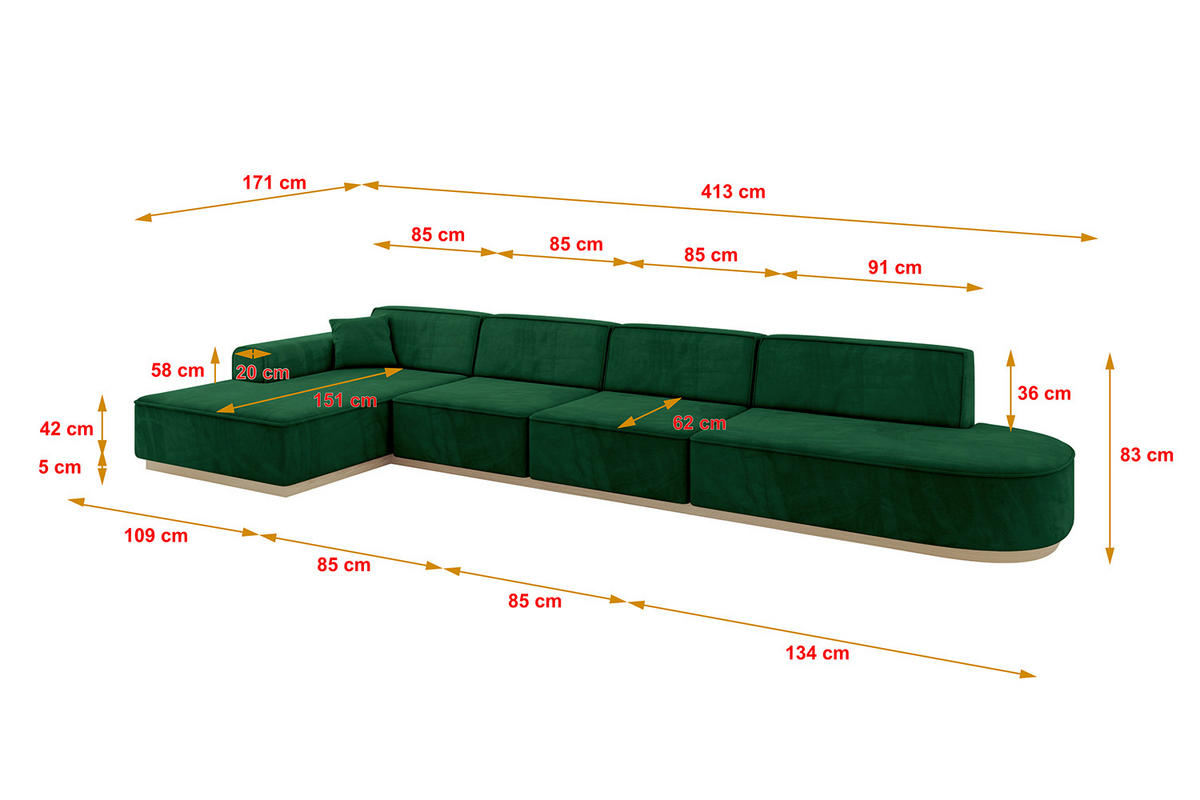 ECKSOFA Ottomane Links IREA-L3 - 413x171x83 cm Grün - Grün, Holzwerkstoff/Textil (413/171cm) - ALTDECOR