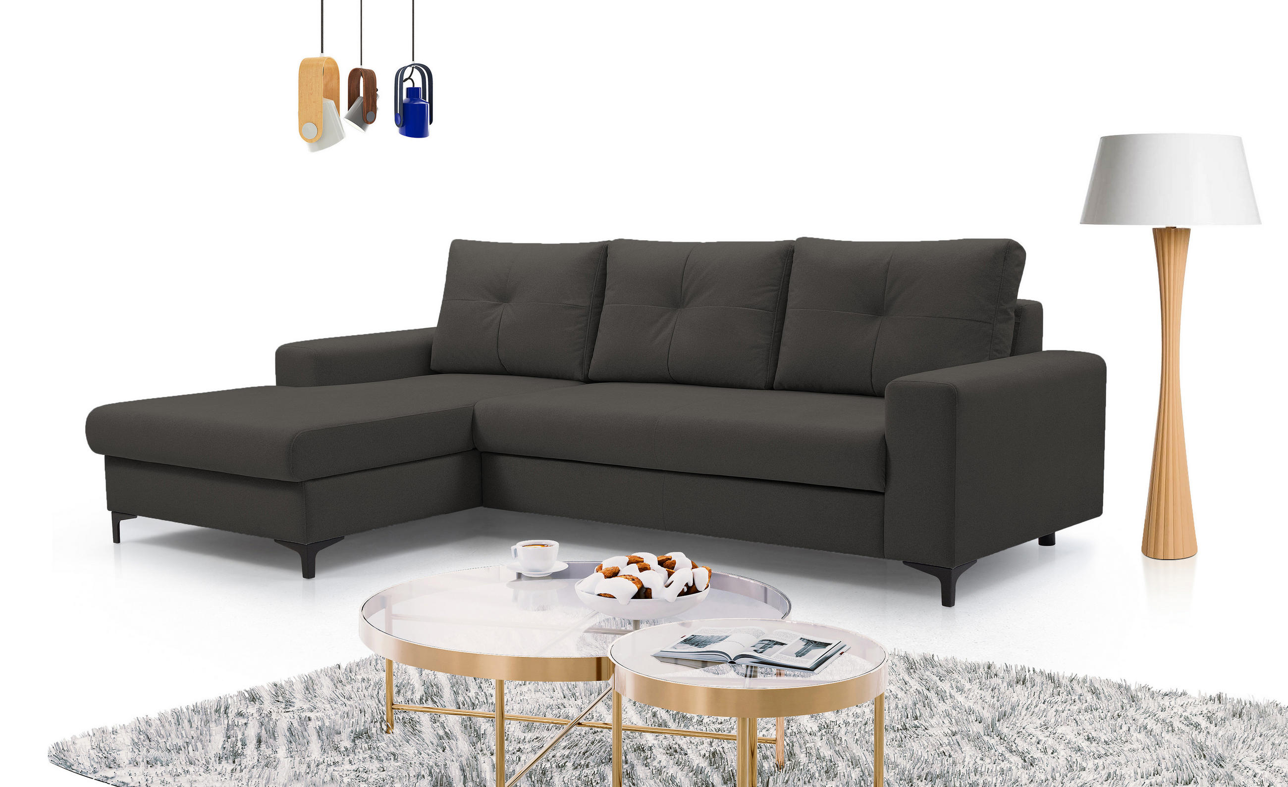 ECKSOFA AVRA L-förmig, mit Stauraumbehälter-in RINO-Stoff, Komfort & Eleganz, lose Rückenkissen, freistehend, LINKS 165x251x85 cm Graphite - Graphitfarben, Holz/Textil (165/251cm) - DomoHome