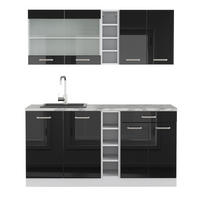 SINGLEKÜCHE R-Line Schwarz Hochglanz 160 cm, AP Marmor - Schwarz Hochglanz/Weiß, Holzwerkstoff (160/81.6/60cm) - Vicco