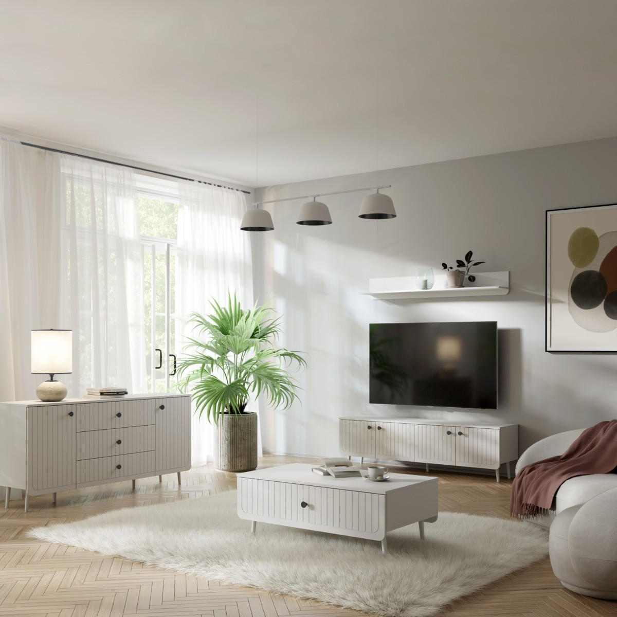 TV-LOWBOARD Chloe 4D 170 Weiß (schwarzer oder goldener Griff) - Schwarz/Weiß, Holzwerkstoff/Kunststoff (170/50/40cm) - mzm24