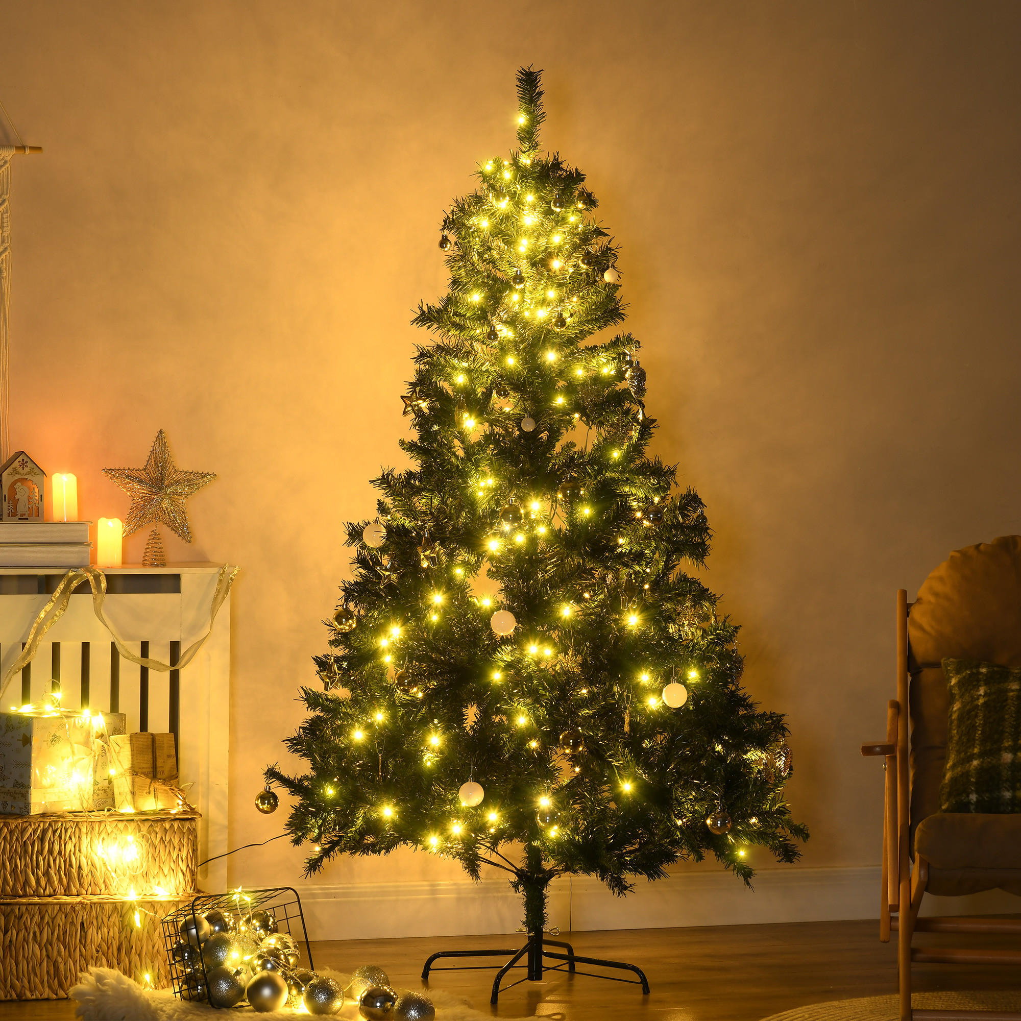 WEIHNACHTSBAUM Tannenbaum Christbaum LED Lichtfaser Baum Stern - Grün, Kunststoff/Metall (180cm) - HOMCOM