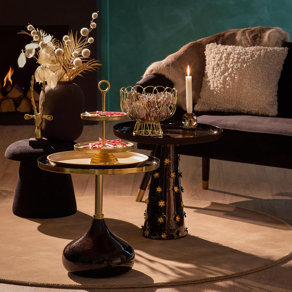 BEISTELLTISCH Golden Flowers Schwarz 20/20/40 cm - Schwarz, Metall (20/20/40cm) - Leitmotiv