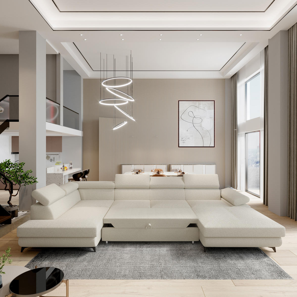 WOHNLANDSCHAFT RUBANO L-S Creme Boucle-Stoff mit Schlaffunktion - Creme, Holz (339/89/190cm) - MASSENO