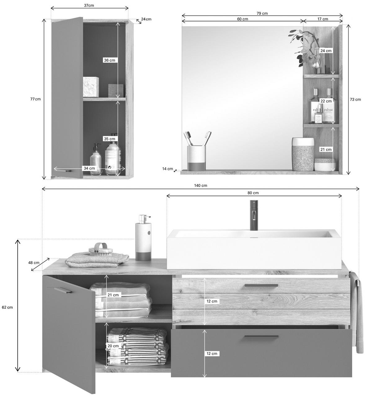 BADMÖBEL-SET Eiche grau 4-teilig 140 cm inkl. Waschbecken, Soft-Close - Eichefarben/Grau, Glas/Keramik (140/152/46cm) - Inn.Furn