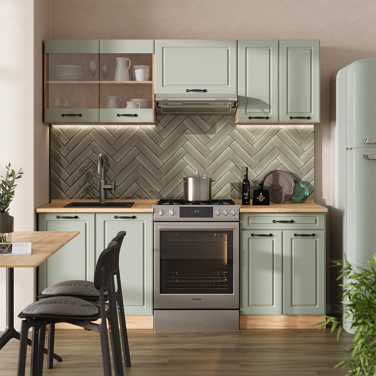 KÜCHENZEILE R-Line, Mint Landhaus/Goldkraft Eiche, 200 cm Arbeitsplatte Anthrazit - Honigeiche/Grün, Holzwerkstoff (200/81.6/60cm) - Vicco