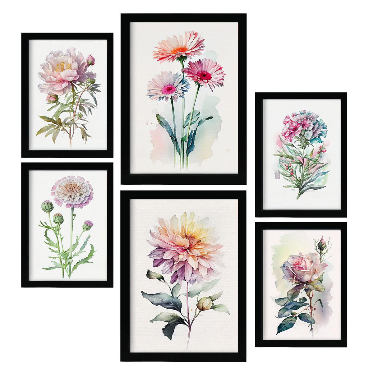 POSTER Set Mit 6 Rosen Größe A3 & A4 Schwarzer Rahmen - Schwarz, Papier (29.7/1cm) - Nacnic