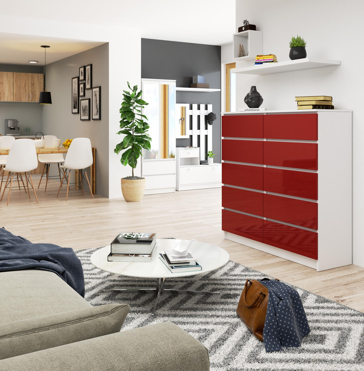 KOMMODE Weiß, Rot Glanz 121/120/40 - Weiß, Holzwerkstoff (120/121/40cm) - RAUMHIRSCH FURNITURE