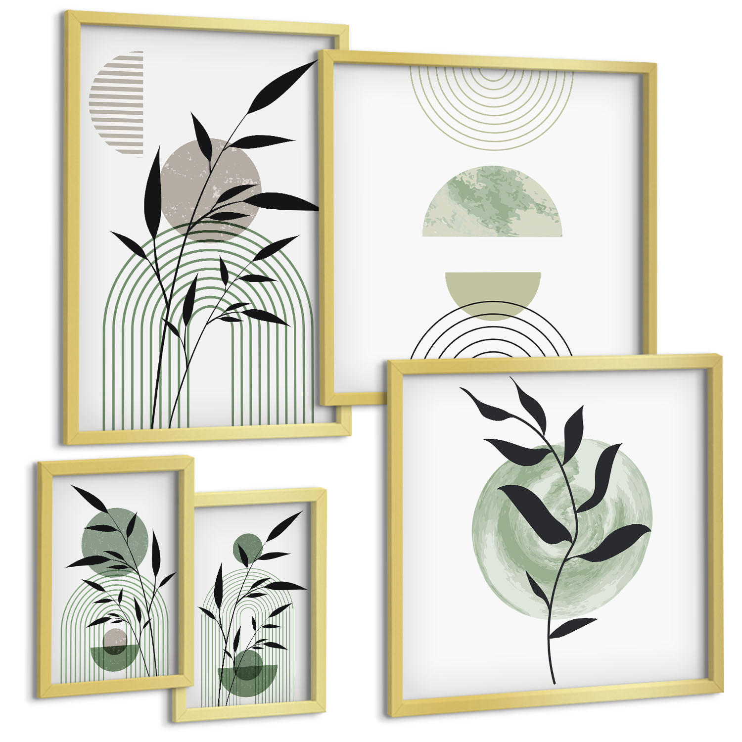 BILDER SET 5er Set - 50x50 cm & 20x30 cm & 40x60 cm Goldrahmen - Boho-Pflanzenkompositionen - Goldfarben, Kunststoff (40/60cm) - TULUP
