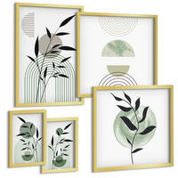 BILDER SET 5er Set - 50x50 cm & 20x30 cm & 40x60 cm Goldrahmen - Boho-Pflanzenkompositionen - Goldfarben, Kunststoff (40/60cm) - TULUP