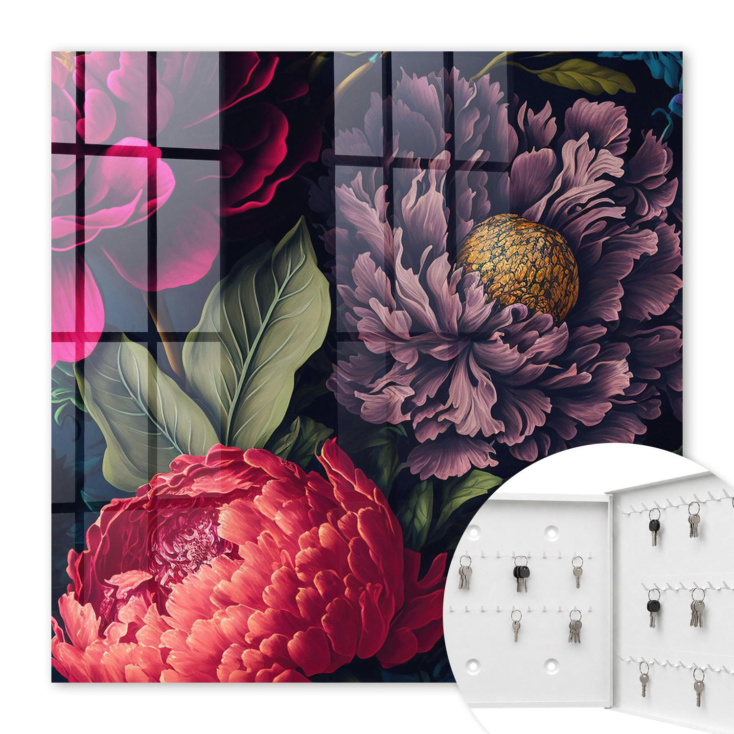 SCHLÜSSELBOX Weiß 30x30 cm – Türöffnung nach rechts - Blumen des Luxus - Lila, Metall (30/30/5cm) - TULUP