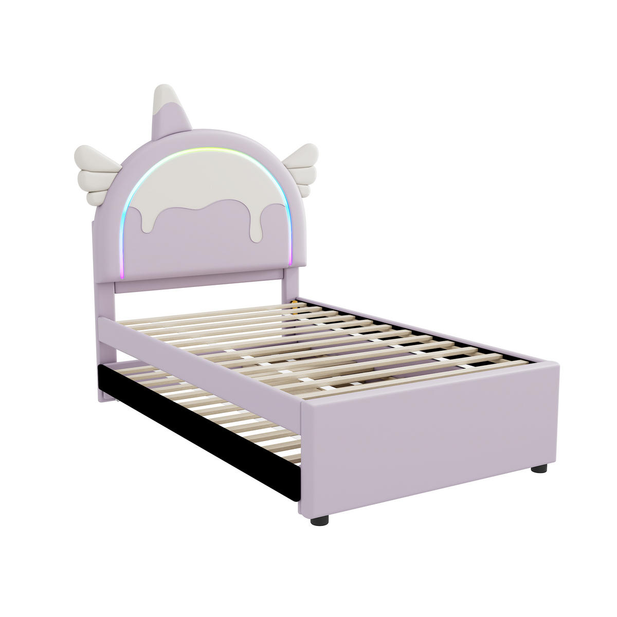 KINDERBETT 90/200 cm Violett, mit Einhorn-Design, Ausziehbett und PU-Material - Lila, Kunststoff