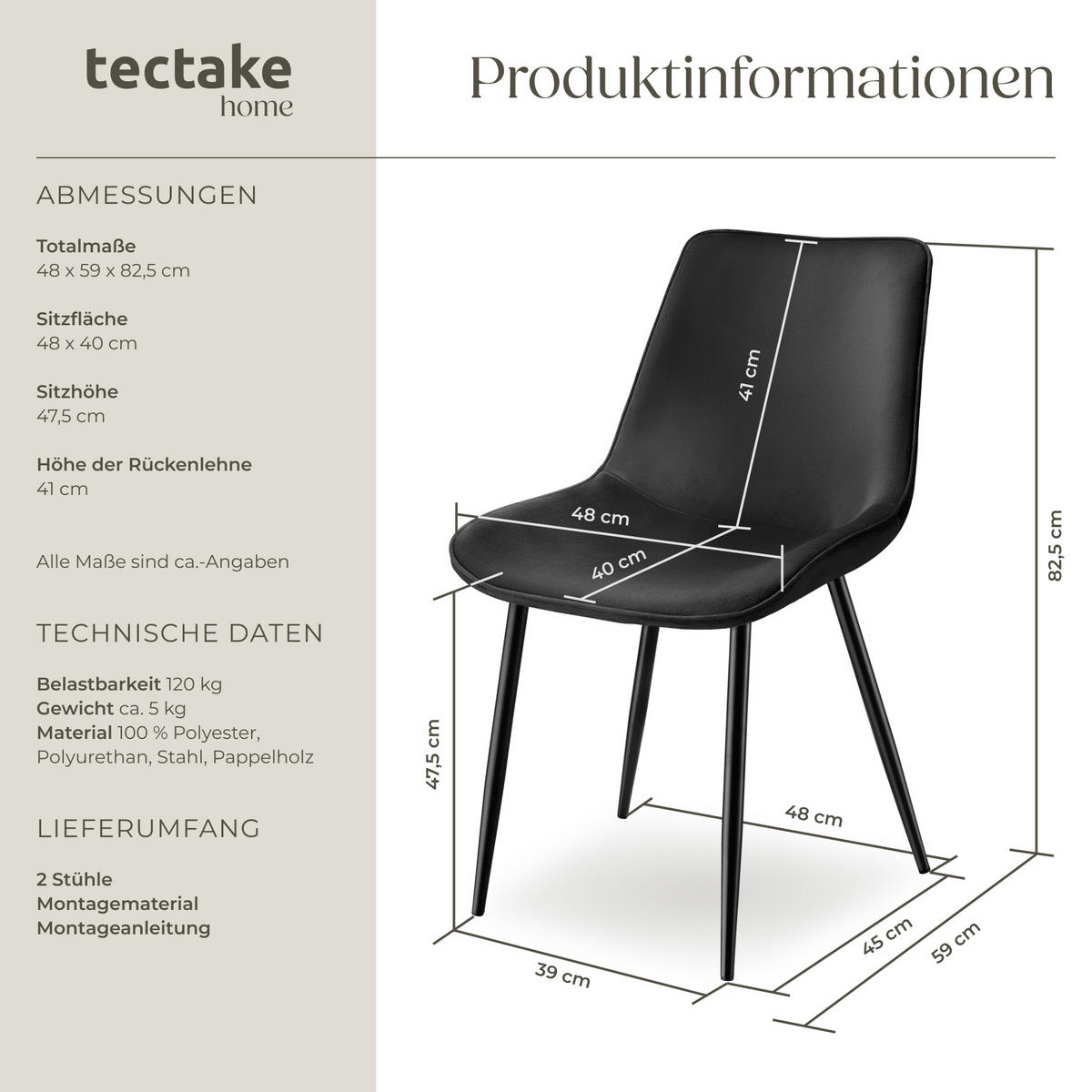 STUHL 6er Set Monroe 48 x 59 x 82 5 cm schwarz - Schwarz, Textil (48/82.5/59cm) - tectake