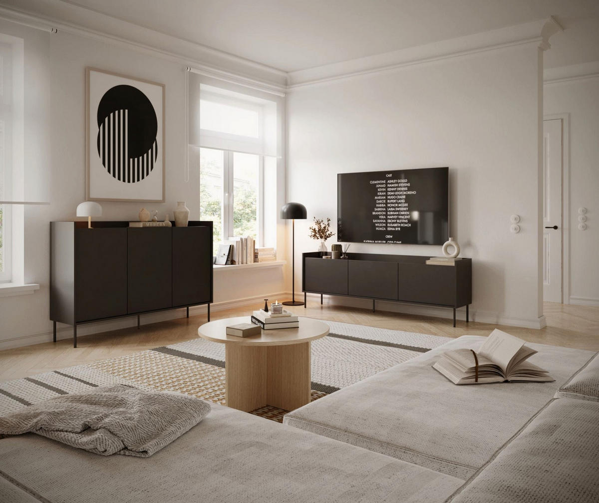 TV-SCHRANK Tovi Schwarz / Holzoptik Nussbaum 140/58/36 cm - Schwarz, Holzwerkstoff/Metall (139.8/58.5/36.4cm) - Selsey
