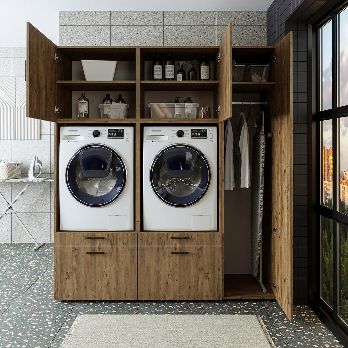 WASCHMASCHINENSCHRANK Serie 2 179cm Breit, 205cm Hoch - Eichefarben, Holzwerkstoff (179/205/67cm)