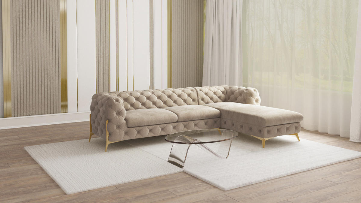 ECKSOFA Chesterfield Lexi Dunkle Creme Samt, Ottomane rechts - Goldfarben/Creme, Holz/Textil (305/200cm) - S-Style Möbel