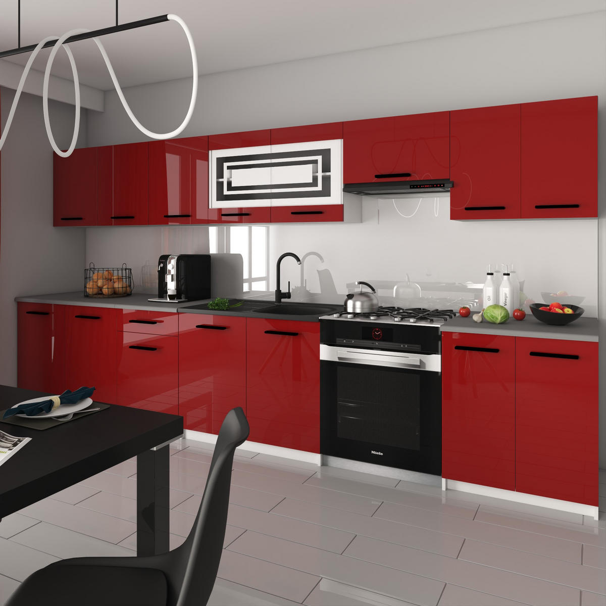 KÜCHENZEILE Italia 3 320 cm, mit Arbeitsplatten, Rot - Rot, Holz (320/143/60cm) - B BELINI GROUP
