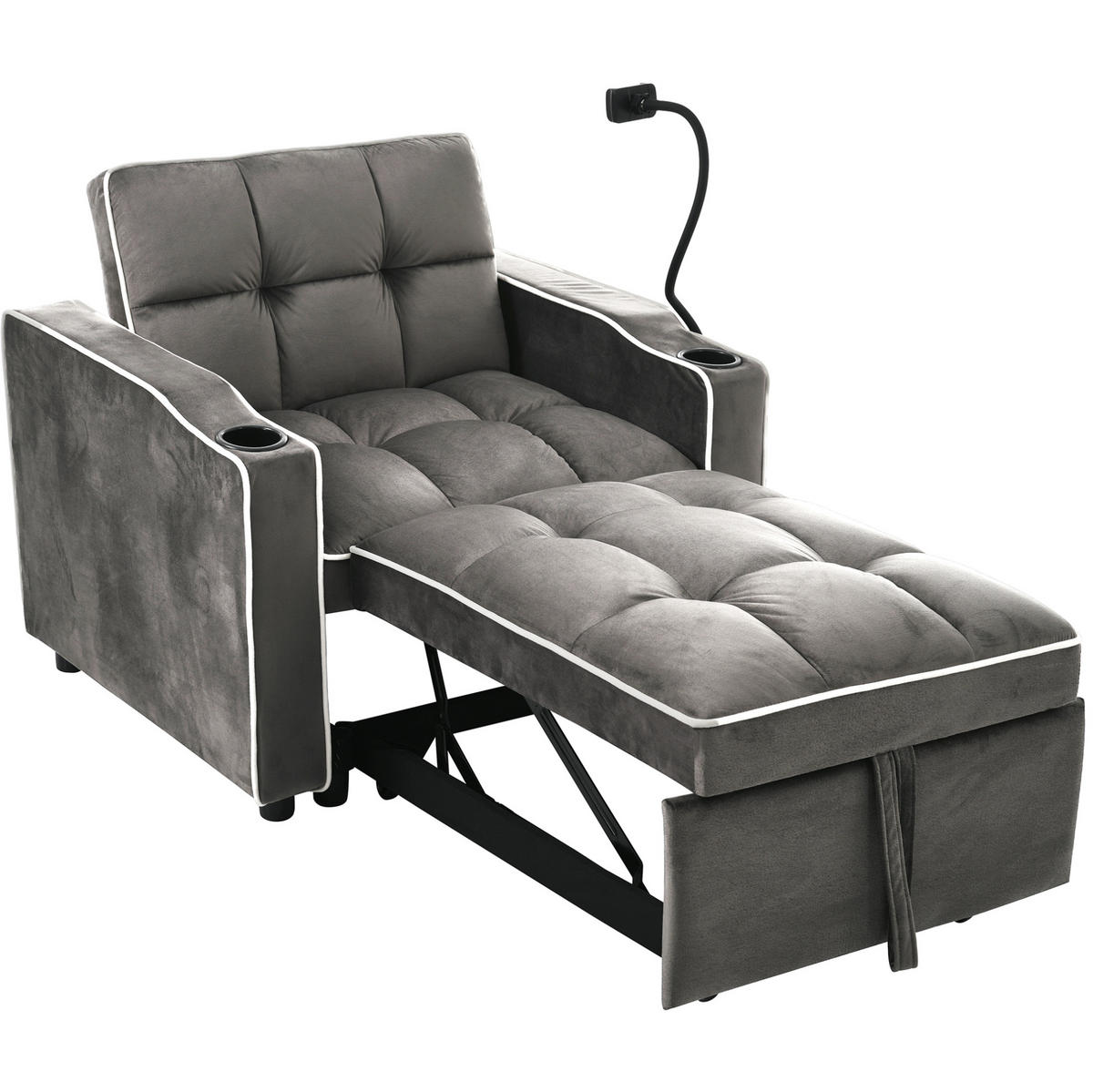 SCHLAFSESSEL Samt 3-in-1 ausziehbar mit Getränkehaltern Antik Dunkelgrau 83/167/76 cm - Dunkelgrau, Textil (83/76/167cm) - Redom