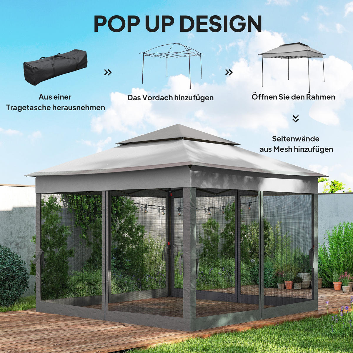 PAVILLON DE-07430 mit Seitenwänden und Insektenschutz Grau - Hellgrau, Textil/Metall (325/270/325cm) - ComfortXL