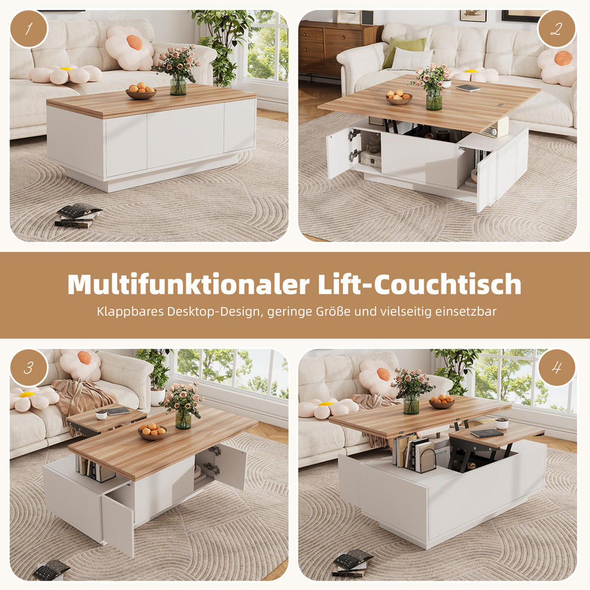 COUCHTISCH Doppel-Hebemechanismus Holzfarben Versteckter Stauraum 50kg - Weiß, Holz (109/61/9.5cm) - FLIEKS