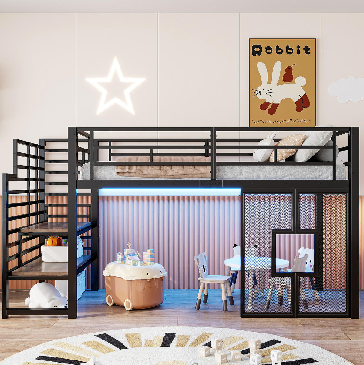 HOCHBETT 90/200 cm mit Stauraumtreppe, LED-Beleuchtung und Fenstern, Schwarz - Schwarz, Metall (90/200cm) - Redom