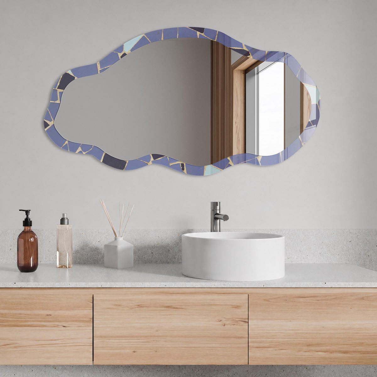 SPIEGEL 90x45 cm asymmetrisch mit Druck - Blaues Mosaik - Transparent, Glas (45/90/0.4cm) - TULUP