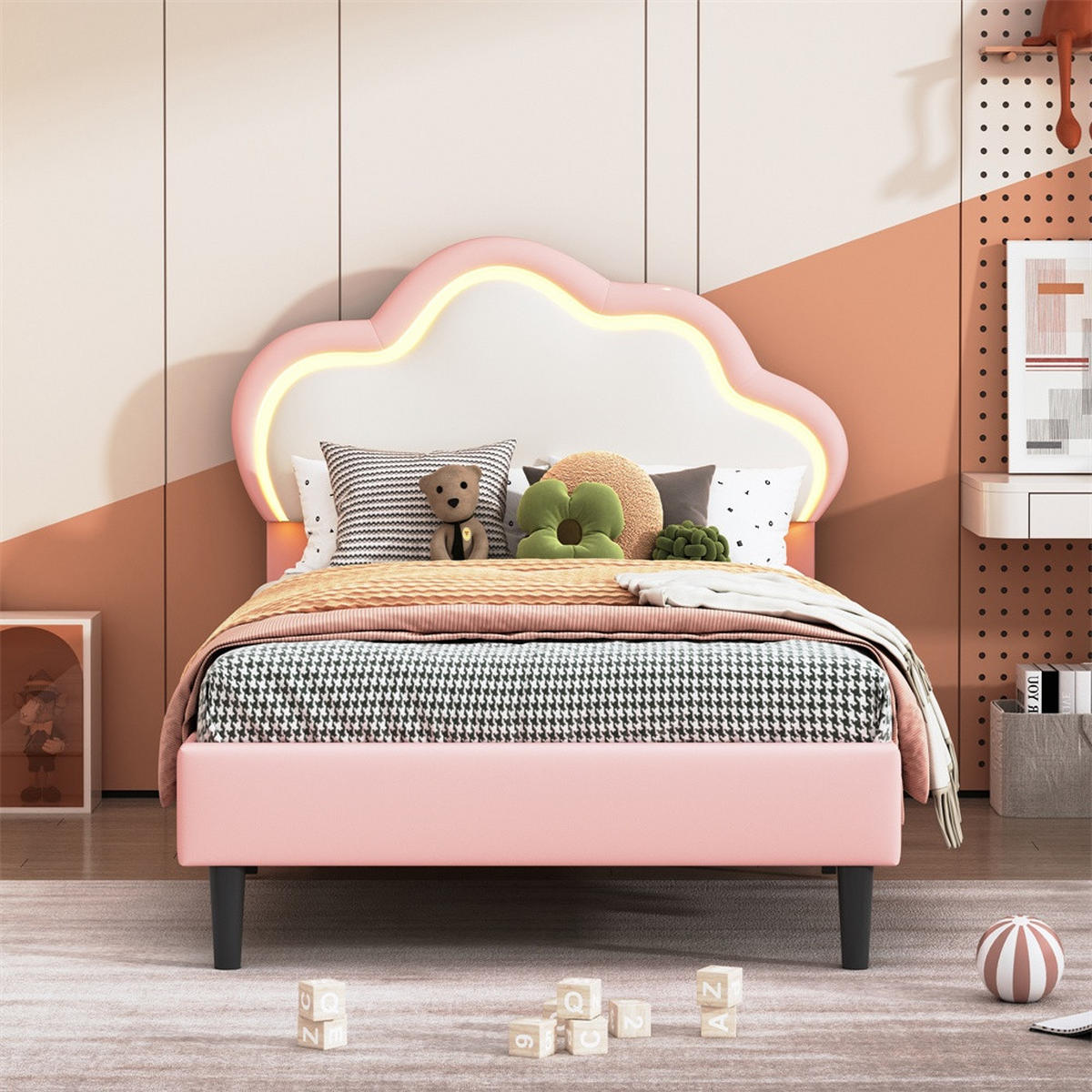 KINDERBETT 90 x 200 cm - höhenverstellbares Kopfteil im Wolken-Design mit LED - ohne Matratze - Weiß und Rosa - Pink, Textil (90/200cm) - DELFA