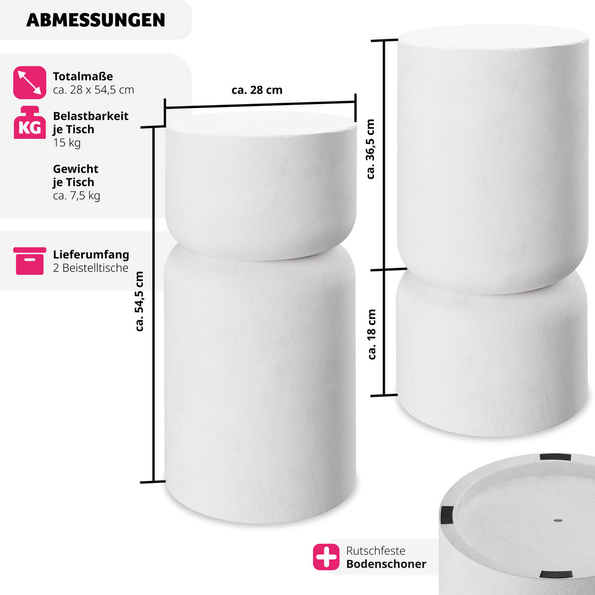 BEISTELLTISCH 2er Set Amine, 28 x 54,5 cm ,weiß - Weiß, Keramik (28/28/54.5cm) - tectake