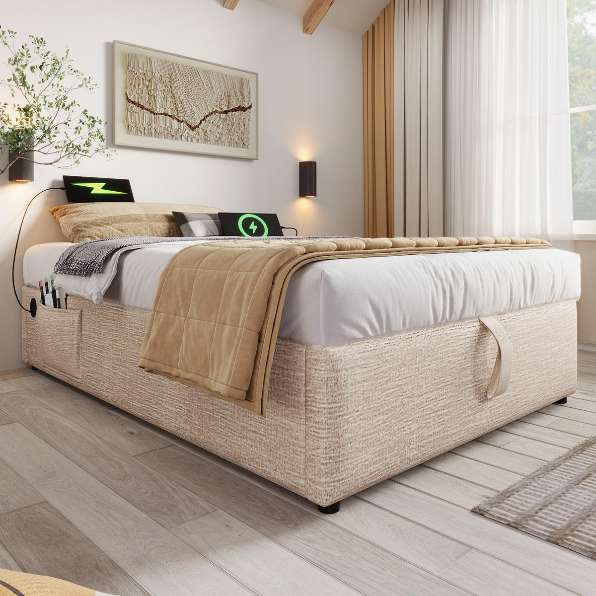 POLSTERBETT 90/200 cm mit hydraulischem Bettkasten, USB/Type-C, Vollholz-Bettboden ohne Kopfteil, Beige - Beige, Textil (90/200cm) - Redom